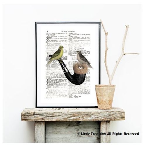 Art Print Birds and Pipes Nest Book Page